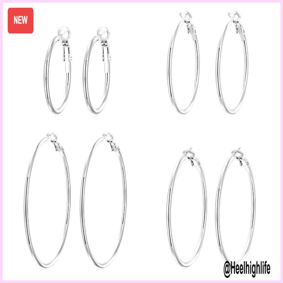 Jewelry - 4-Pair Hoop Earrings Set, 14K Gold Plated, Hypoallergenic, 30-60mm Sizes